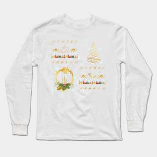 Merry Christmas Happy New Year Wreath, Snowflakes, Tree, Village, Lampposts, Bells Long Sleeve T-Shirt